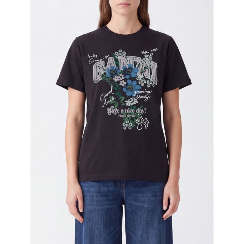 Ganni Women Floral And Graffiti Logo Print Organic Cotton T-Shirt Ganni